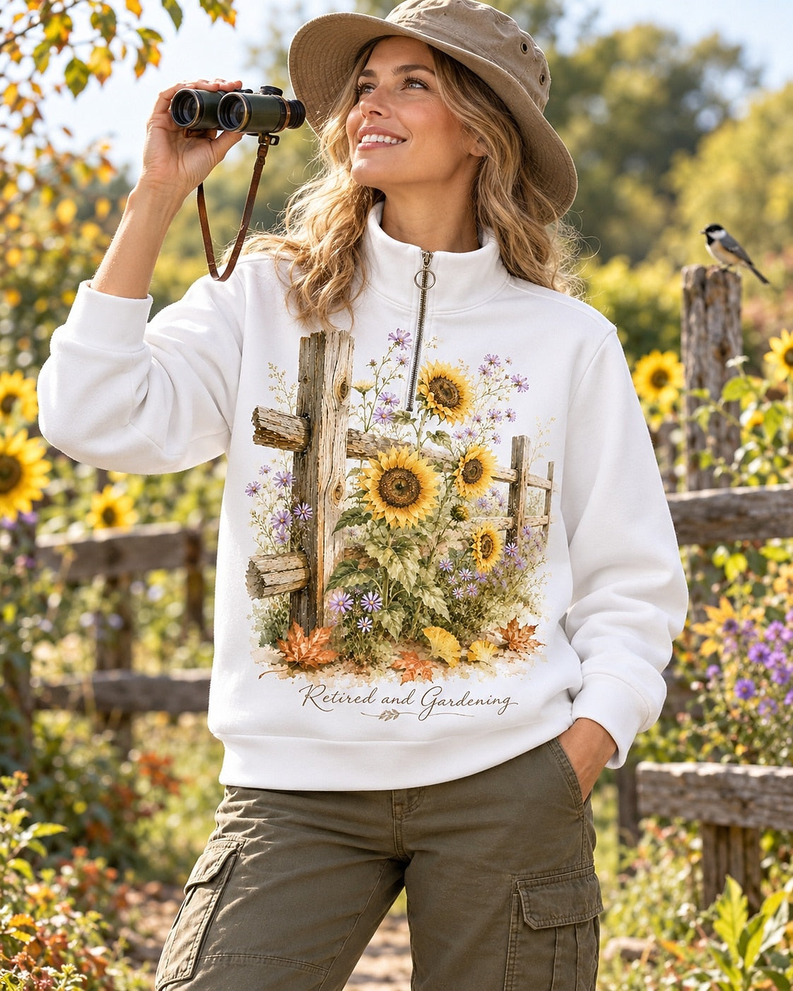 Retired and Gardening Sunflower Fence UPF50+ Spandex Quarter-Zip Stretch Sweatshirt