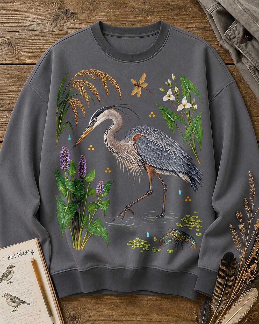 Great Blue Heron Wetland Grasses Wildflower Bird Watching Sweatshirt