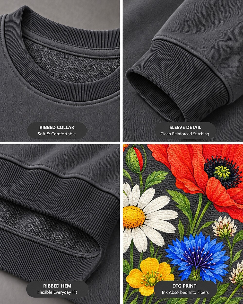Poppy Daisy Frame Floral Garden Graphic Sweatshirt