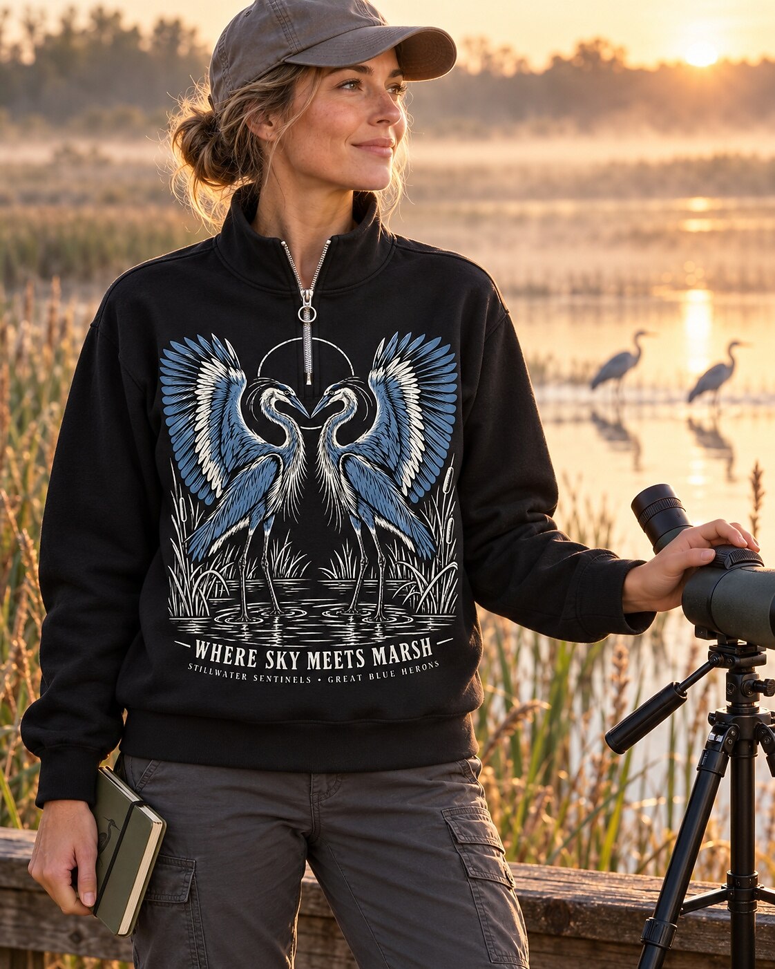 Great Blue Heron Pair Birdwatching Quarter-Zip Stretch Sweatshirt Spandex UPF50+