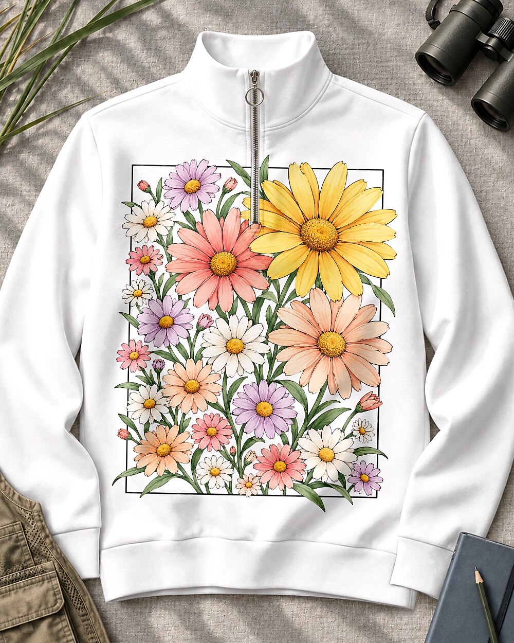 Colorful Daisy Floral Quarter-Zip Stretch Sweatshirt Spandex UPF50+