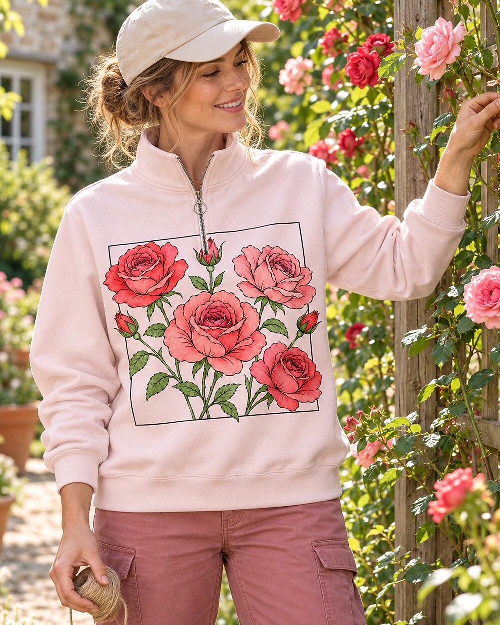 Rose Bouquet Garden Quarter-Zip Stretch Sweatshirt Spandex UPF50+
