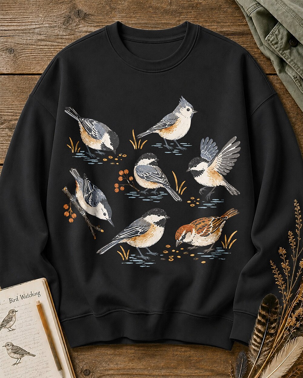 Woodland Chickadees Backyard Birds Graphic Sweatshirt