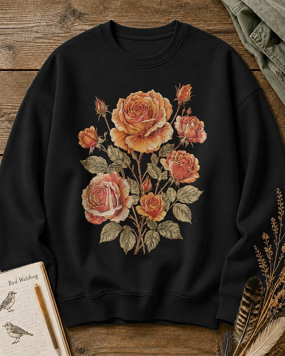 Orange Rose Vintage Botanical Cottage Garden Sweatshirt