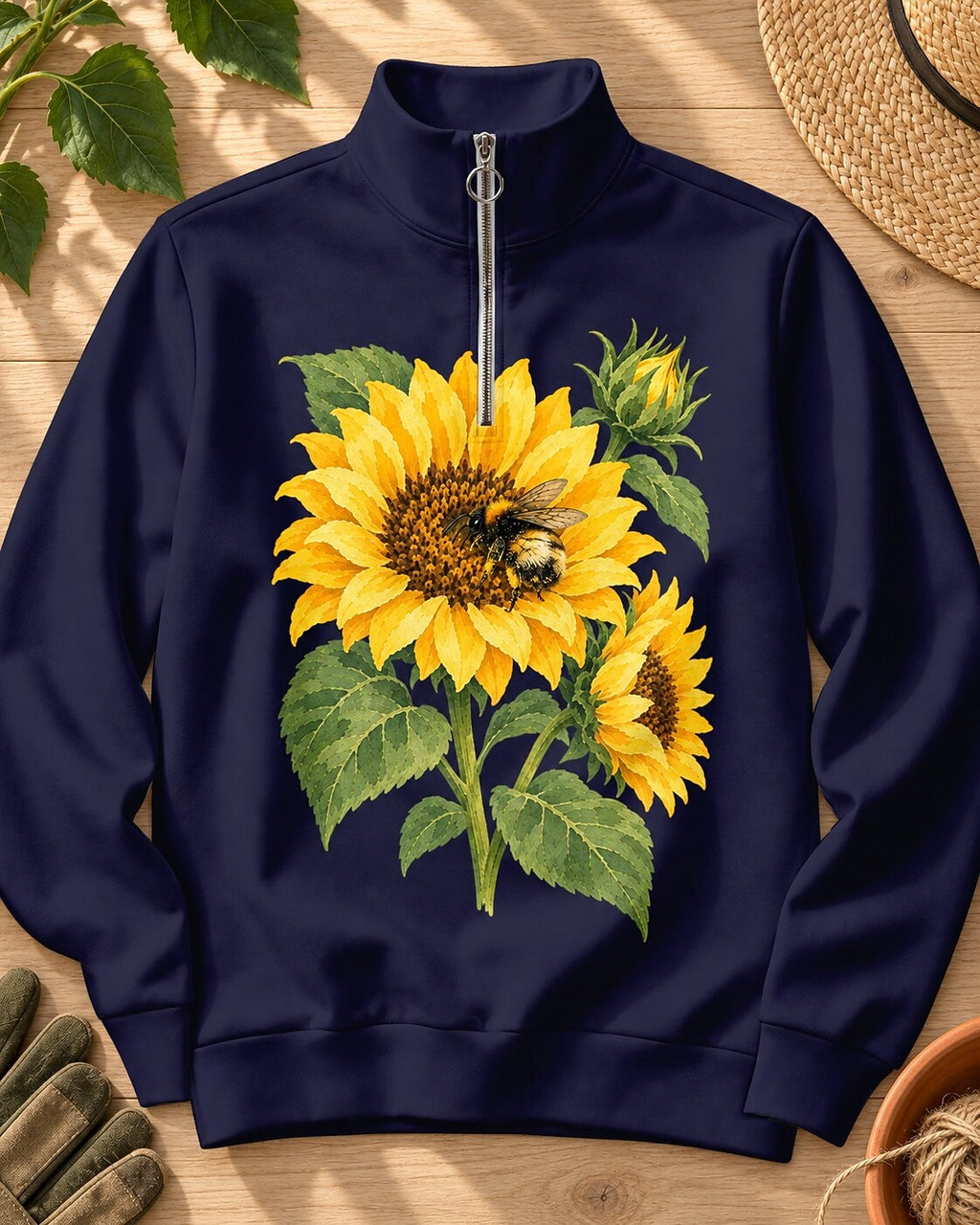 Sunflower Bee Garden Quarter-Zip Stretch Sweatshirt Spandex UPF50+