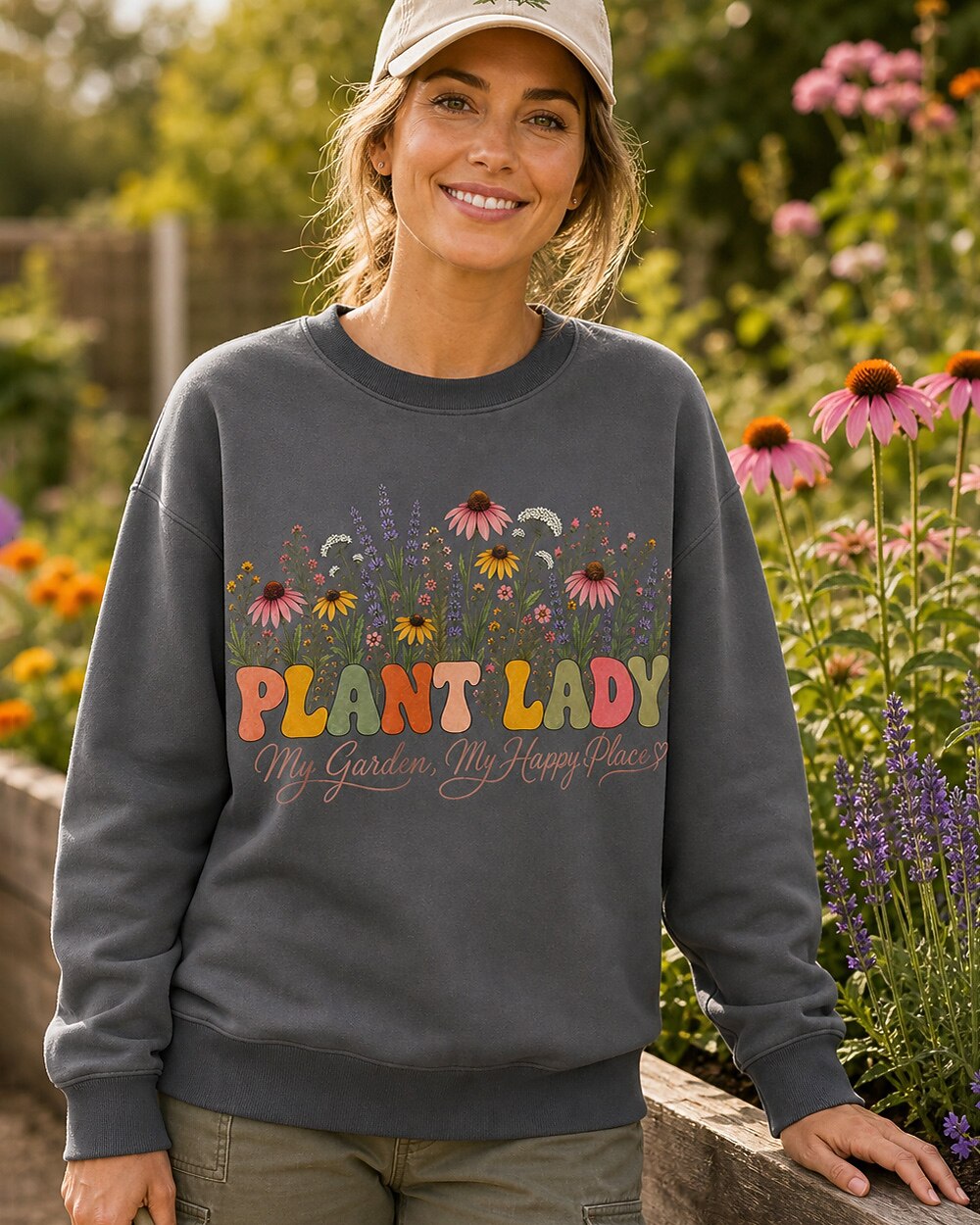 Coneflower Lavender Plant Lady Garden Graphic Sweatshirt