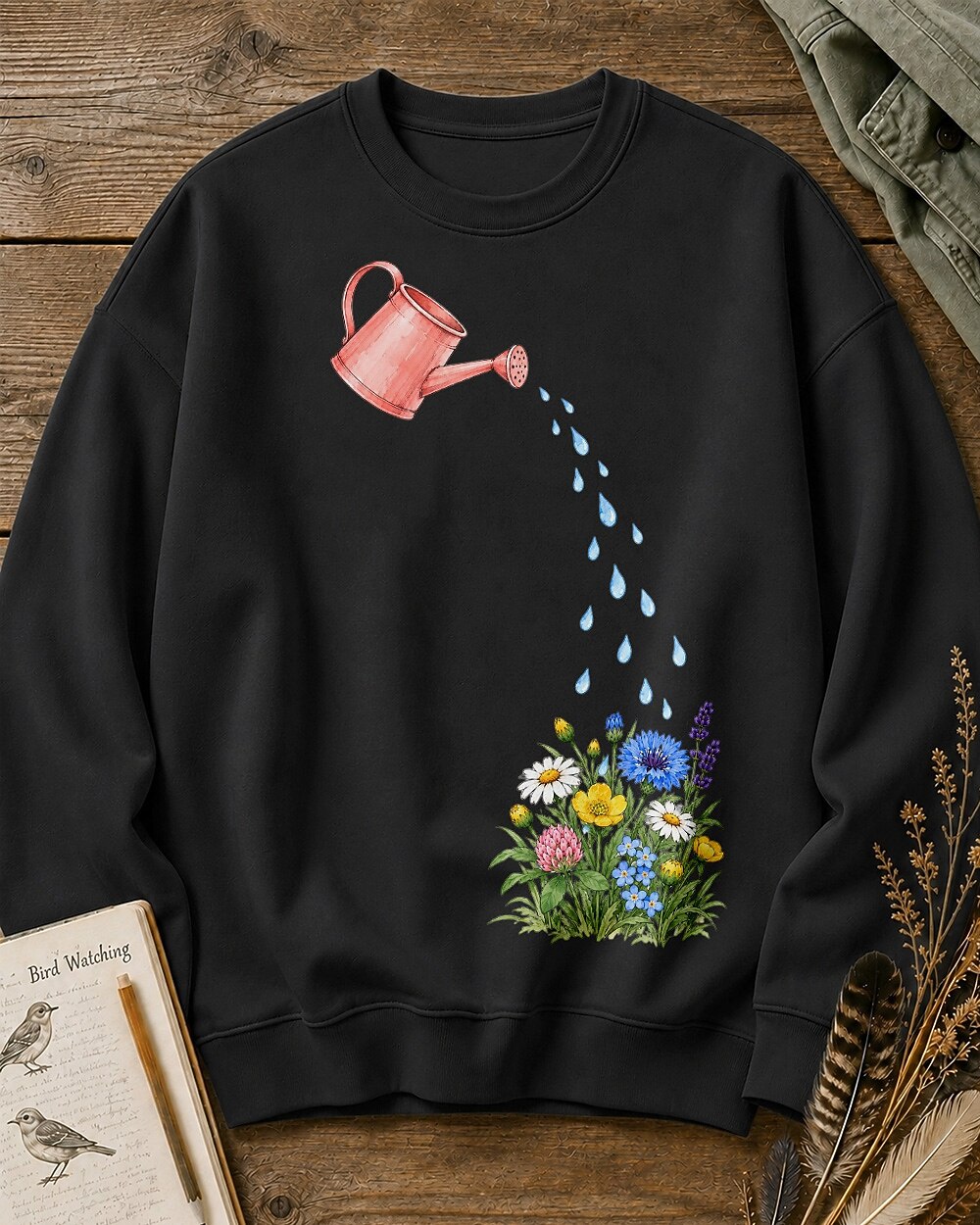 Watering Can Wildflower Garden Graphic Sweatshirt