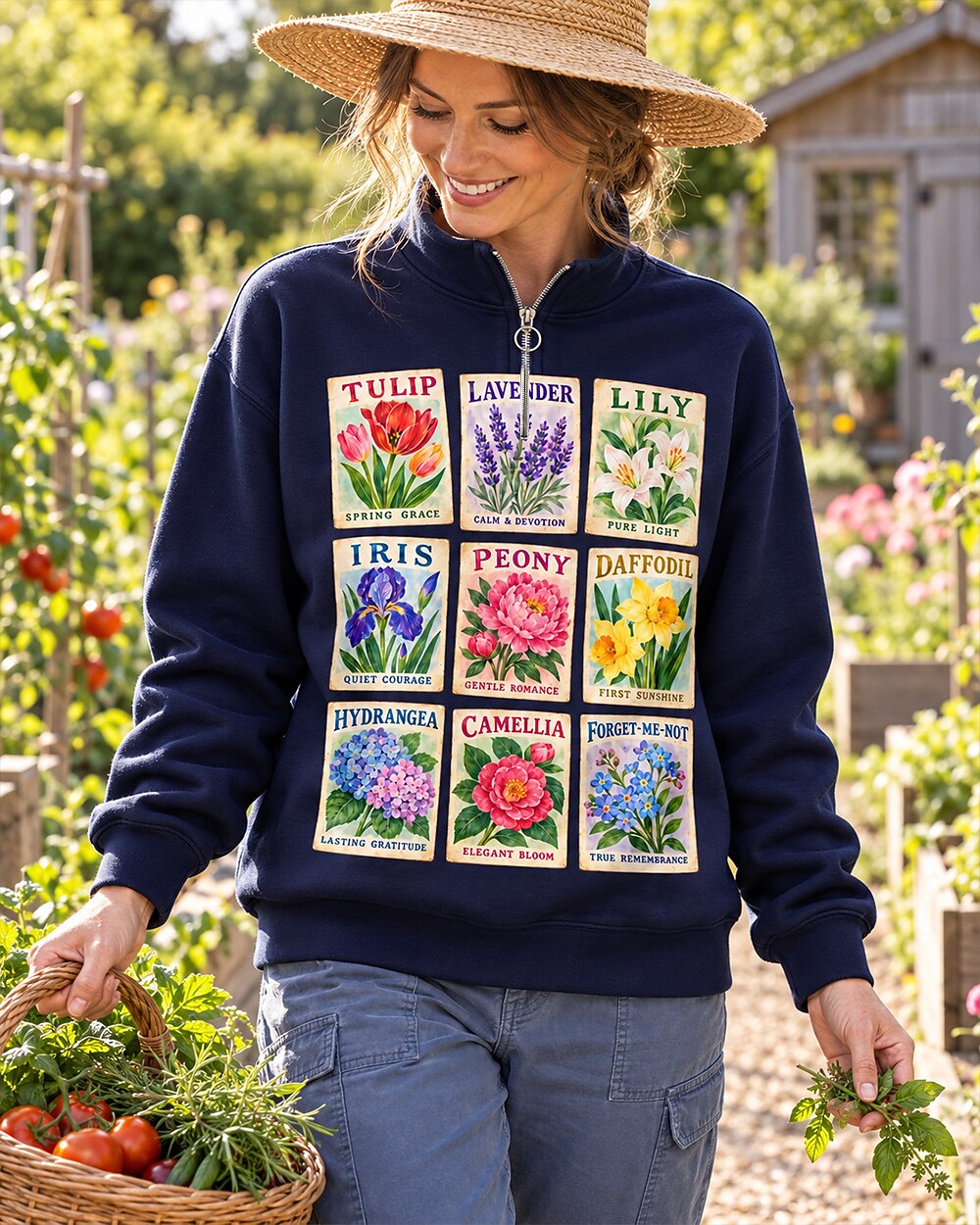 Botanical Flower Cards Quarter-Zip Stretch Sweatshirt Spandex UPF50+