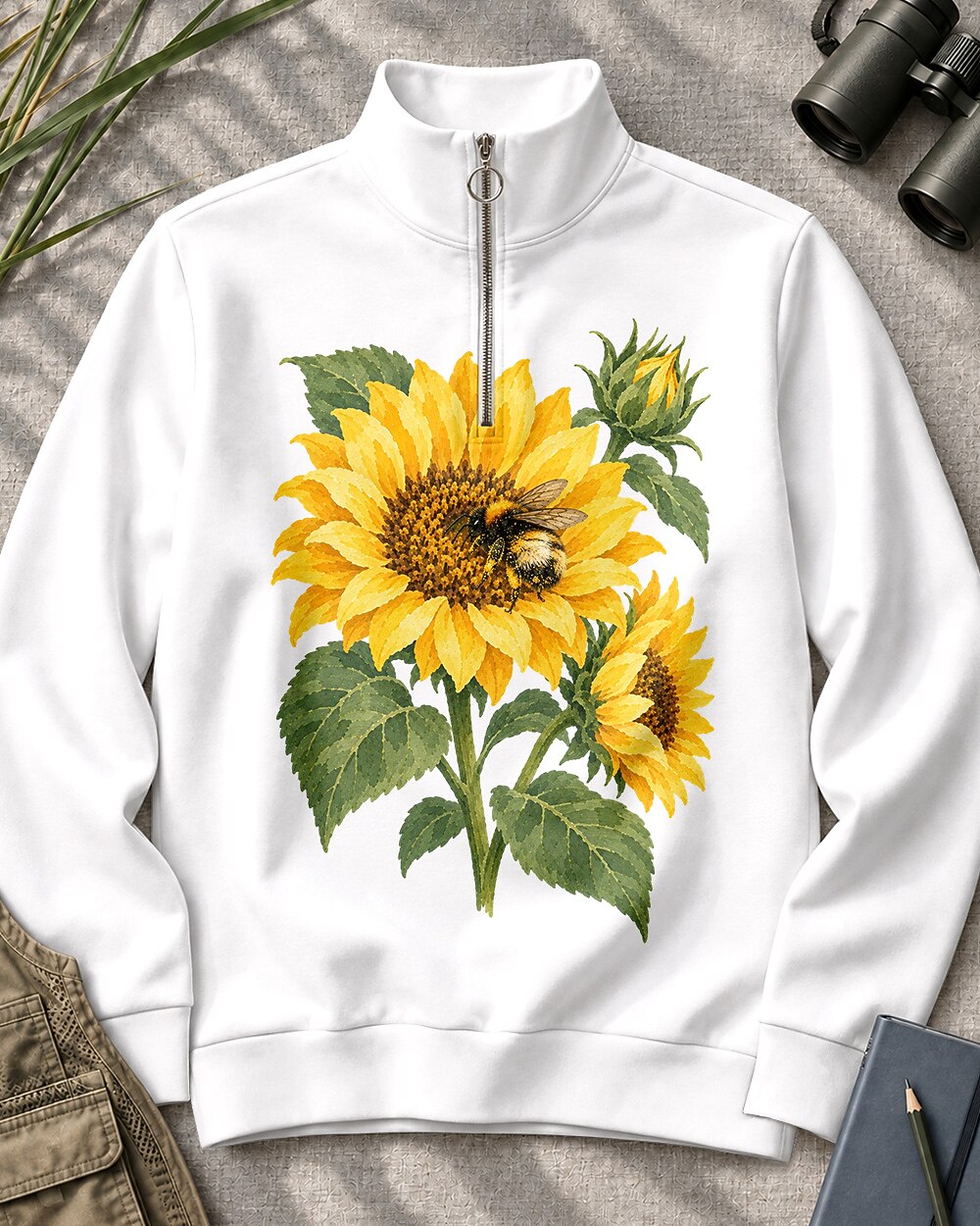 Sunflower Bee Garden Quarter-Zip Stretch Sweatshirt Spandex UPF50+