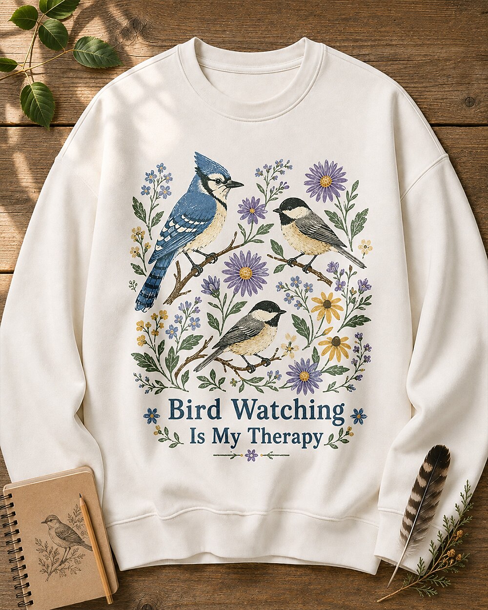 Blue Jay Chickadee Wildflower Bird Watching Therapy Sweatshirt