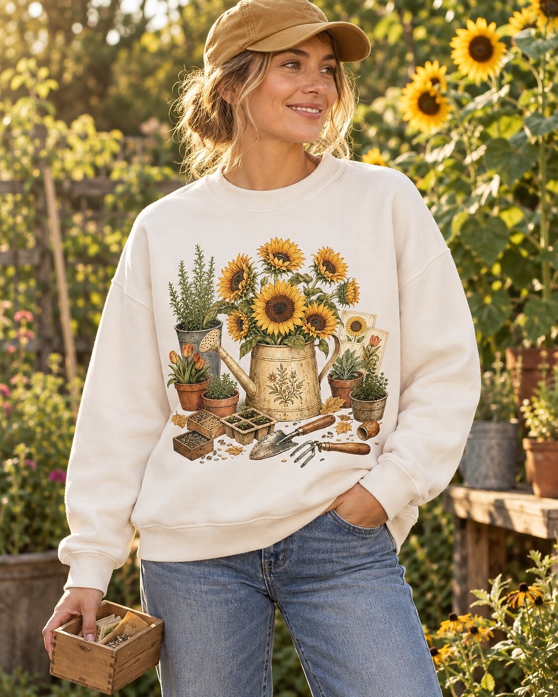 Sunflower Watering Can Cottage Garden Tools Sweatshirt
