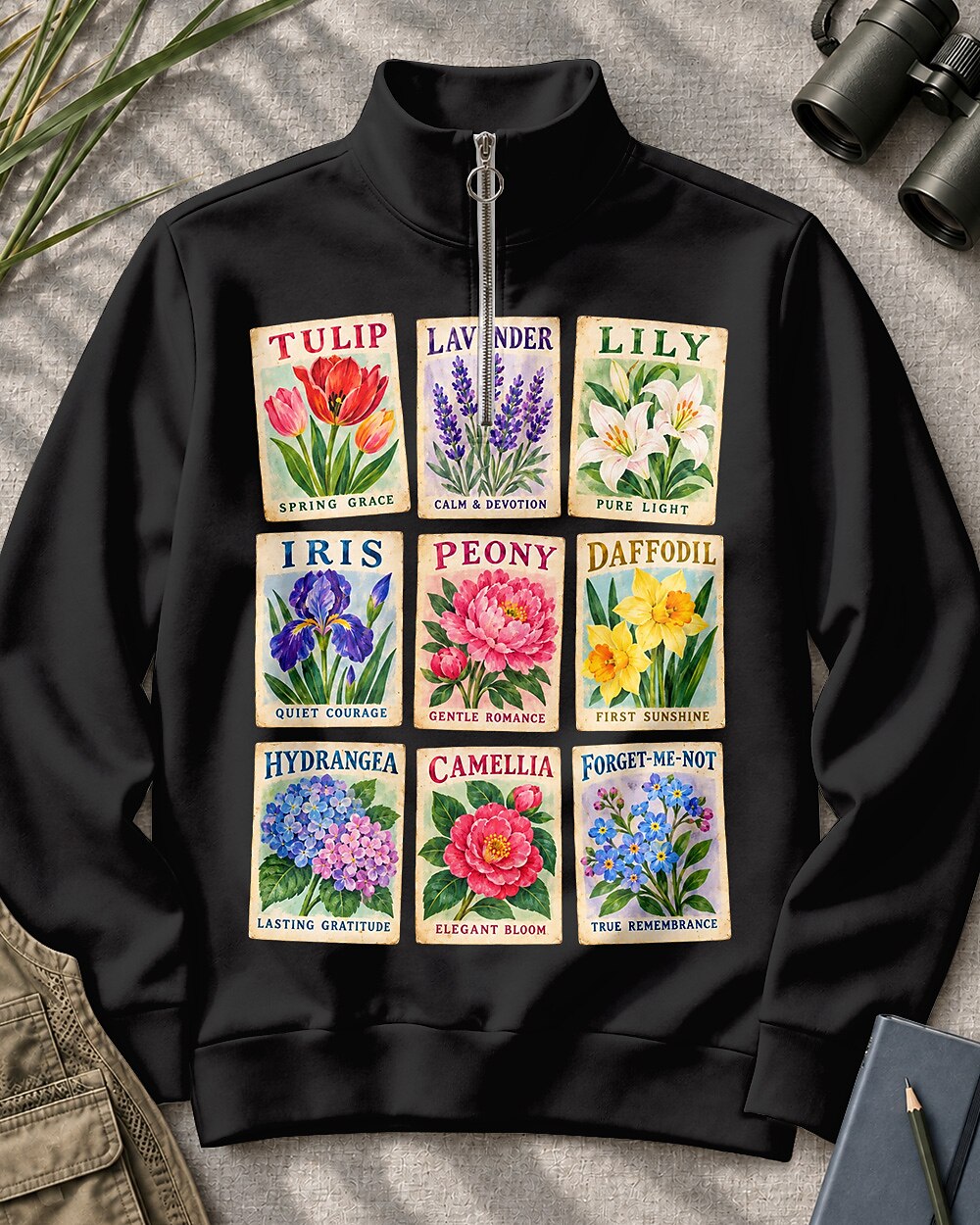 Botanical Flower Cards Quarter-Zip Stretch Sweatshirt Spandex UPF50+