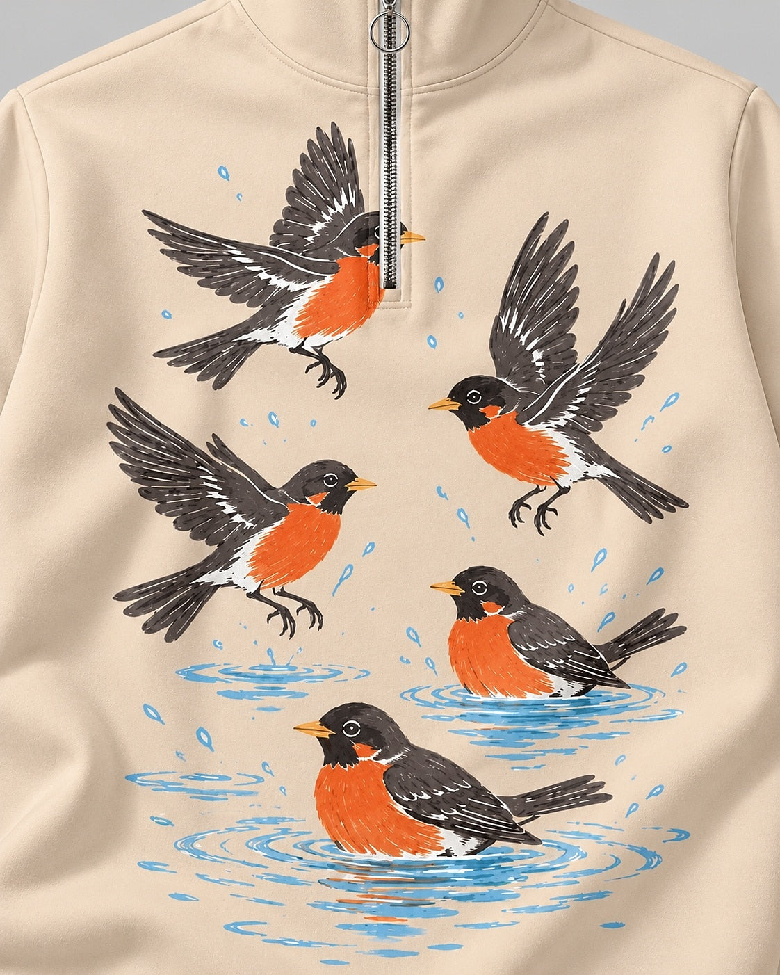 American Robin Bird Bath UPF50+ Spandex Quarter-Zip Stretch Sweatshirt
