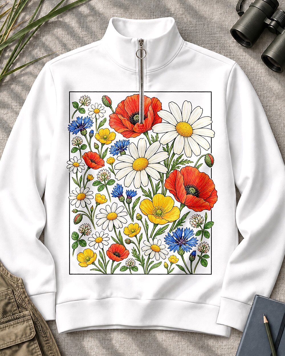 Wildflower Poppy Daisy Quarter-Zip Stretch Sweatshirt Spandex UPF50+