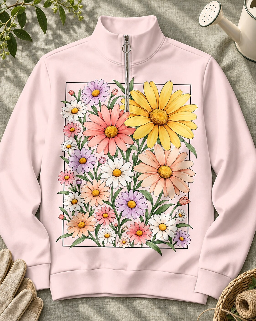 Colorful Daisy Floral Quarter-Zip Stretch Sweatshirt Spandex UPF50+