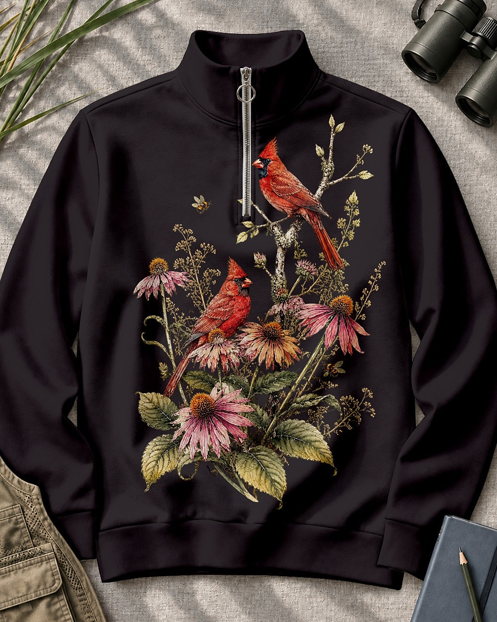 Northern Cardinal Coneflower Garden UPF50+ Spandex Quarter-Zip Stretch Sweatshirt