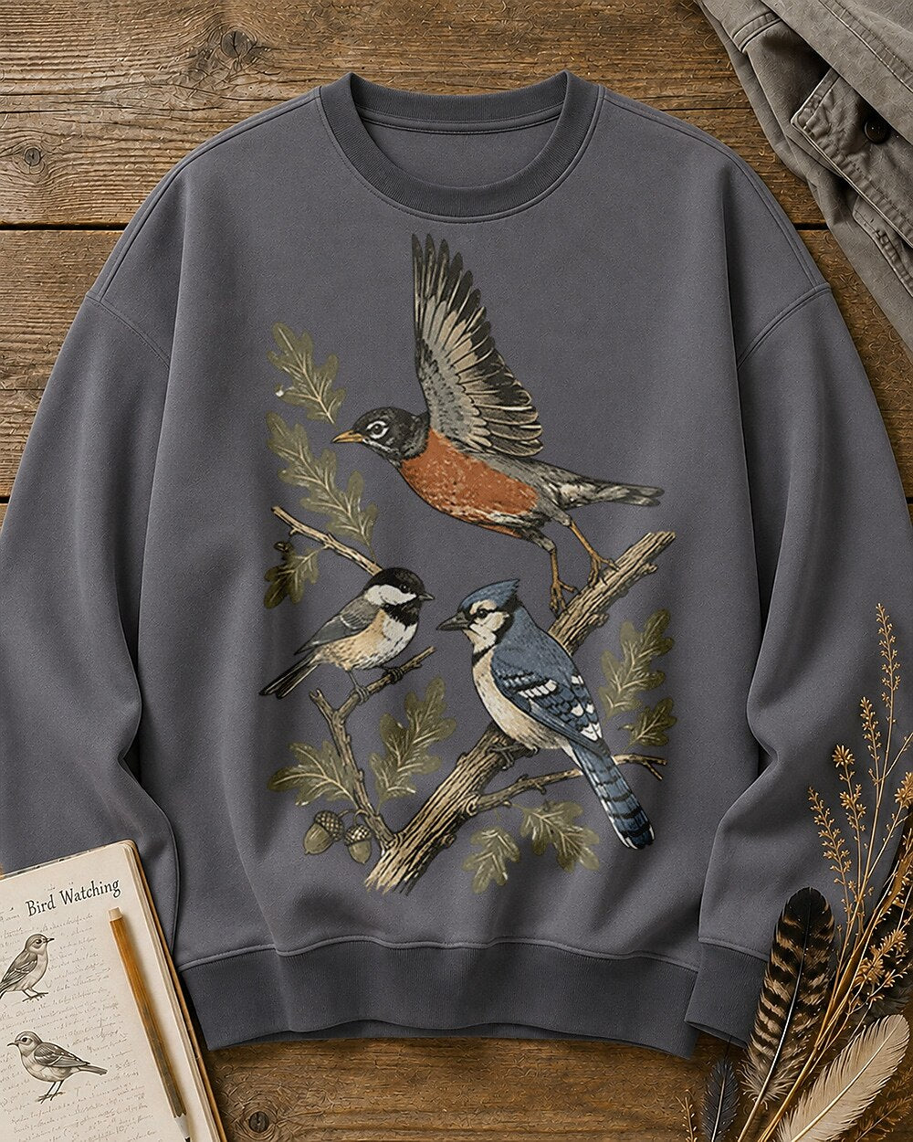 American Robin Chickadee Blue Jay Woodland Birdwatching Sweatshirt