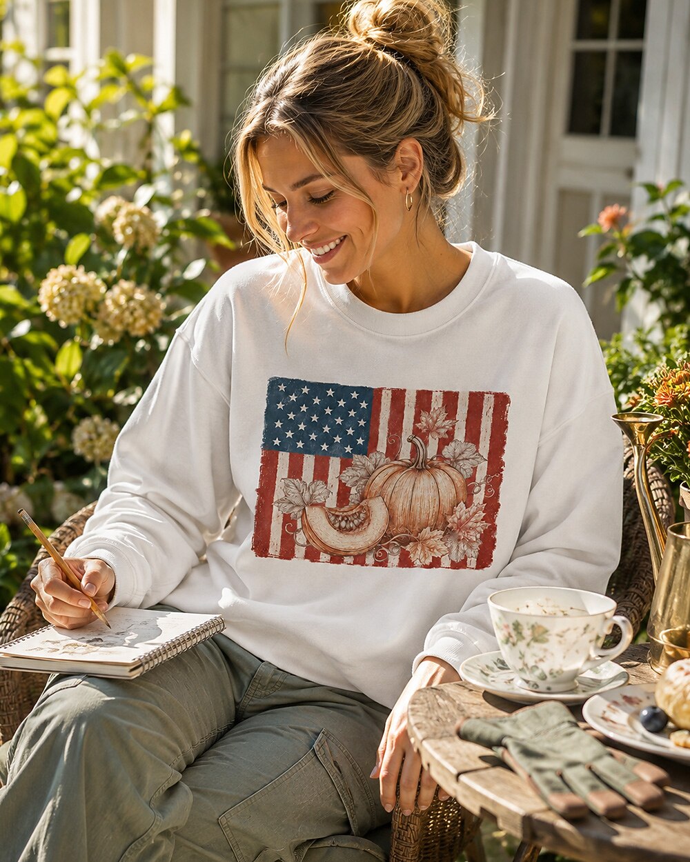 American Flag Pumpkin Maple Leaf Autumn Harvest Sweatshirt