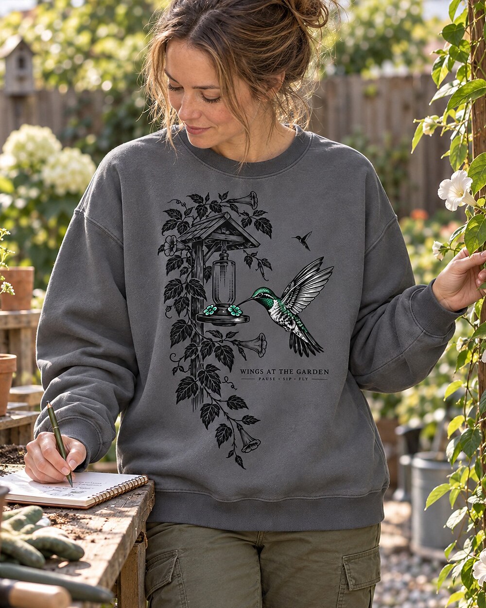Hummingbird Feeder Trumpet Flowers Garden Backyard Bird Watching Sweatshirt