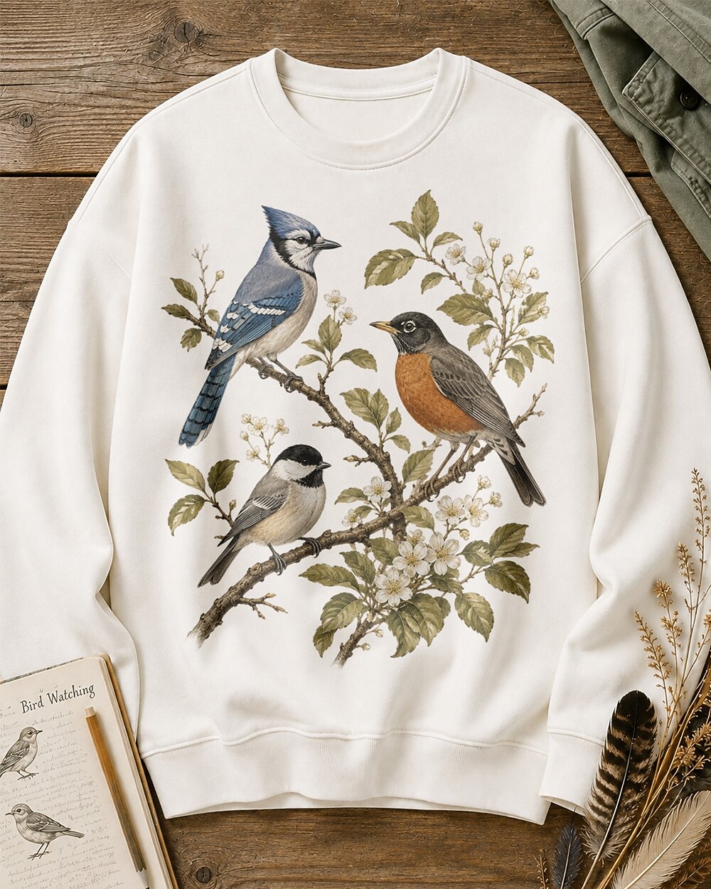 Blue Jay American Robin Chickadee Blossom Branch Sweatshirt
