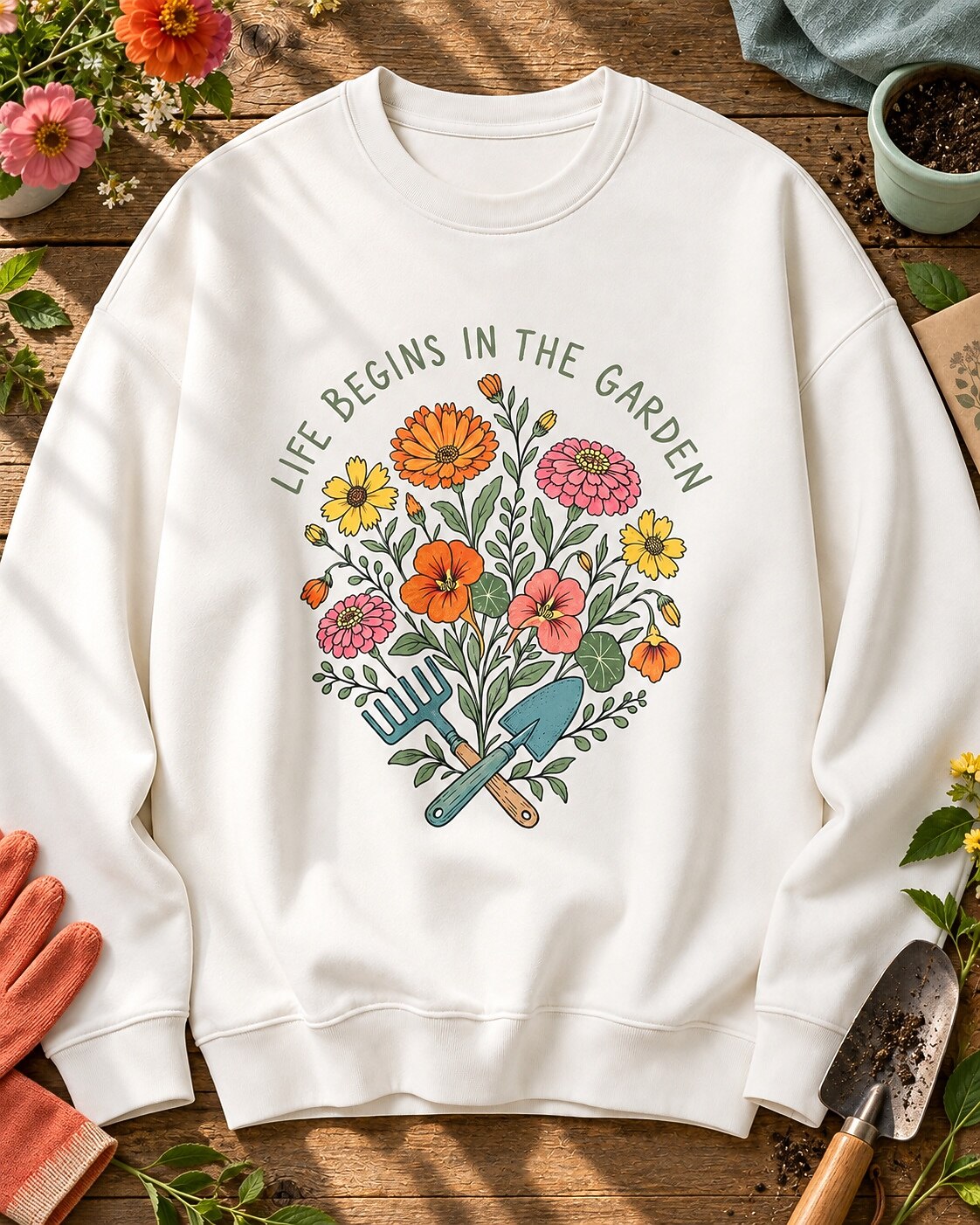 Colorful Zinnia Nasturtium Garden Tools Wildflower Sweatshirt