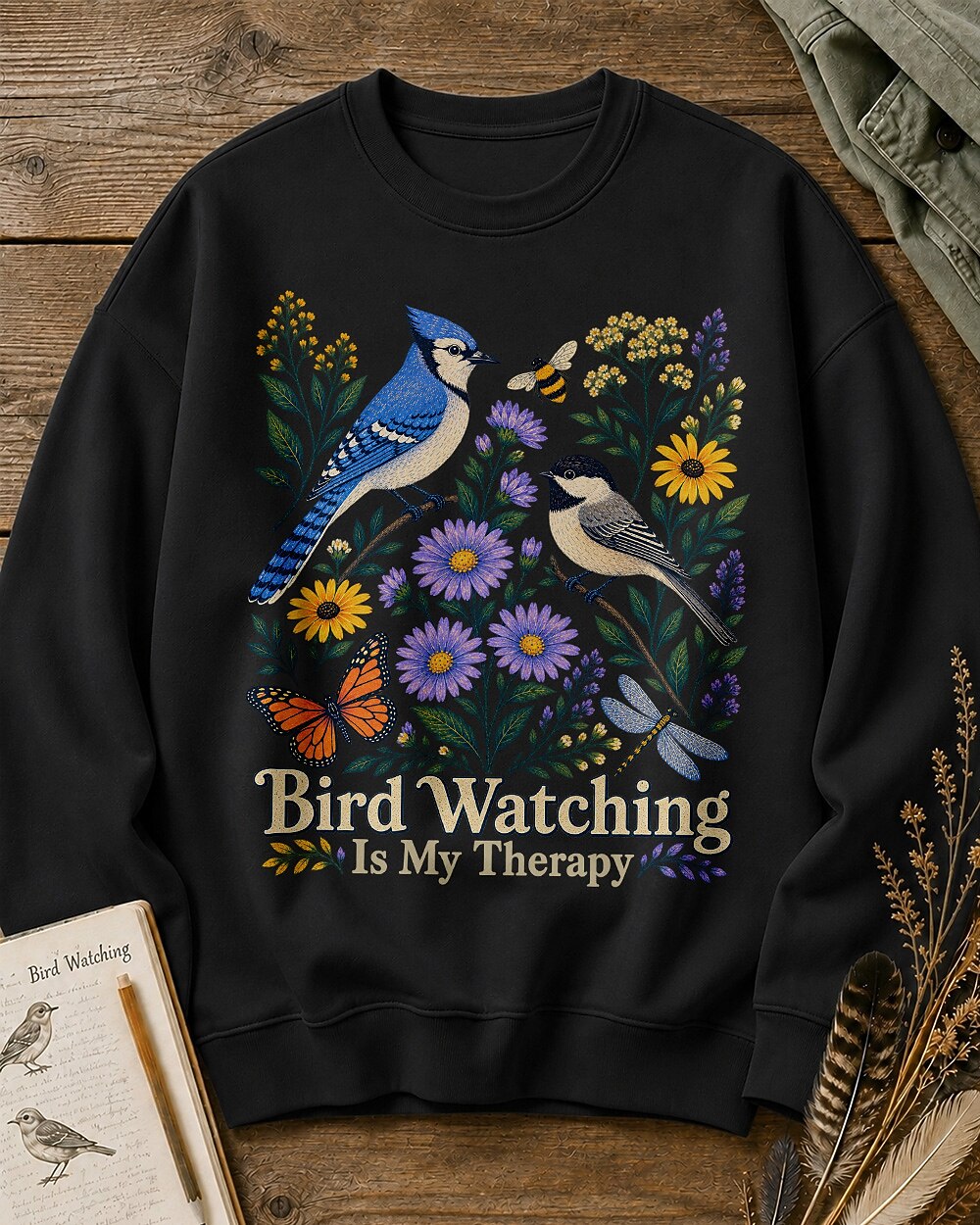 Blue Jay Chickadee Sunflower Bird Watching Therapy Sweatshirt