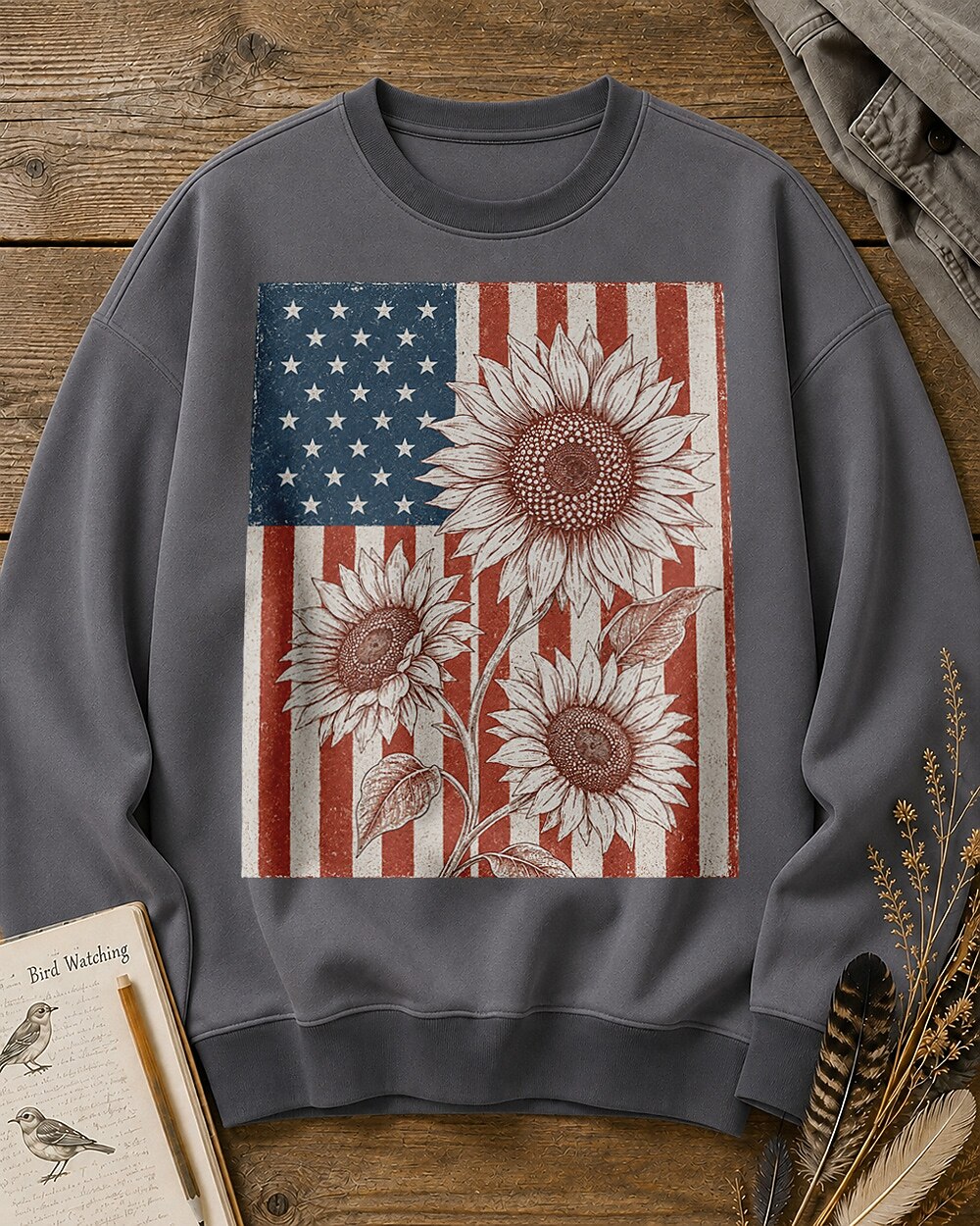 American Flag Sunflower Vintage Botanical Sketch Sweatshirt