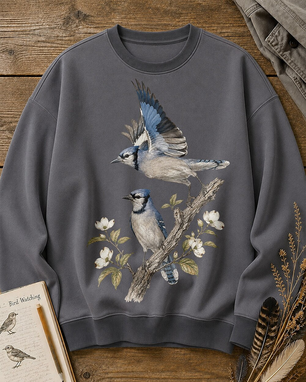 Blue Jay Pair Dogwood Blossom Birdwatching Sweatshirt