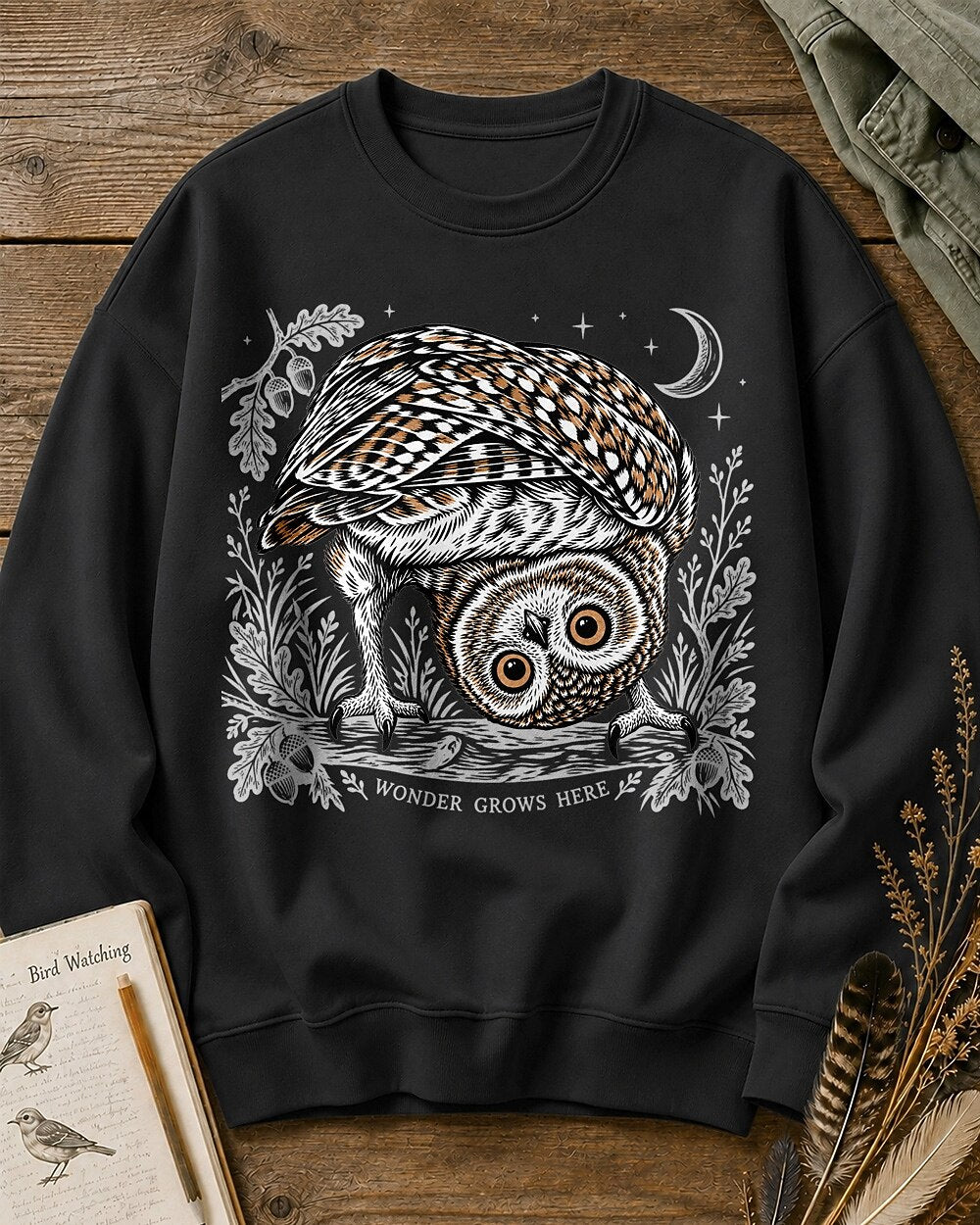Owl Moonlit Oak Branch Night Bird Watching Sweatshirt