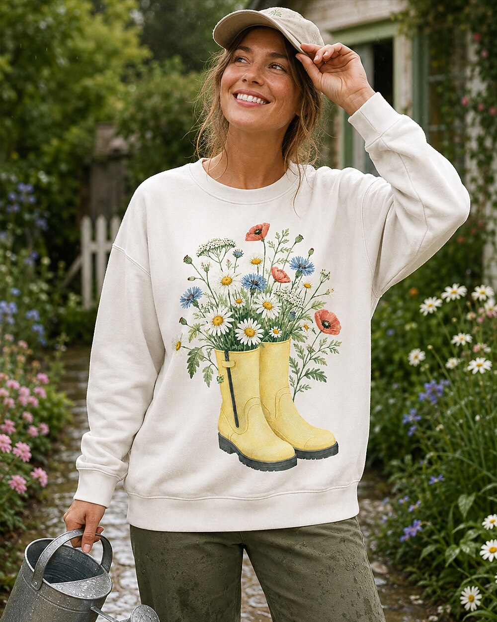 Wildflower Bouquet Rain Boots Cottage Garden Sweatshirt for garden and nature lovers – product image 2