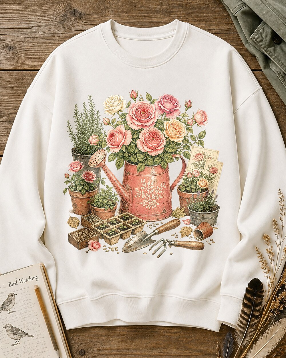 Rose Watering Can Cottage Garden Floral Sweatshirt