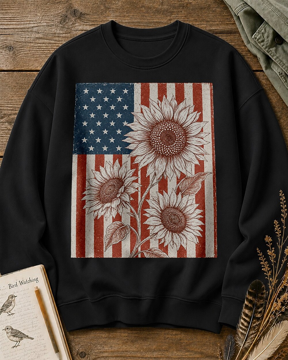 American Flag Sunflower Vintage Botanical Sketch Sweatshirt