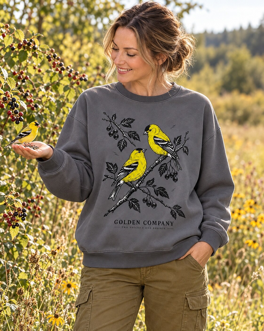 American Goldfinch Pair Berry Branch Backyard Bird Watching Sweatshirt