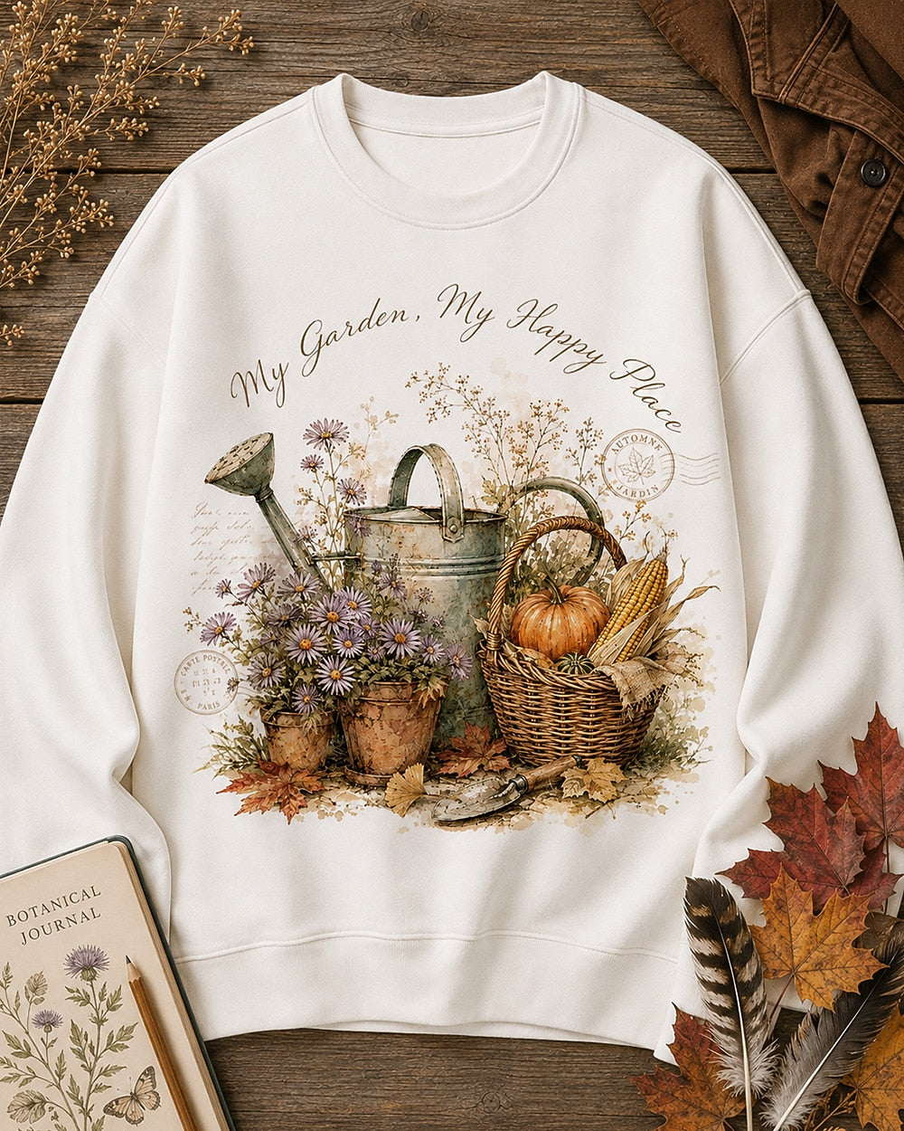 Women's Fall Garden Crewneck - Watering Can Pumpkin Maple Leaf Sweatshirt for garden and nature lovers – product image 1