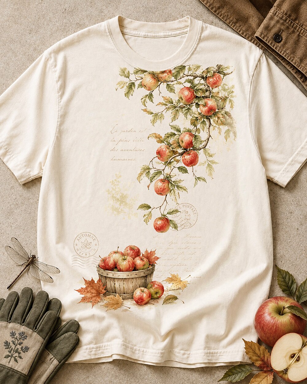 Women's off white cotton T-shirt with apple branches and a harvest basket, front view.