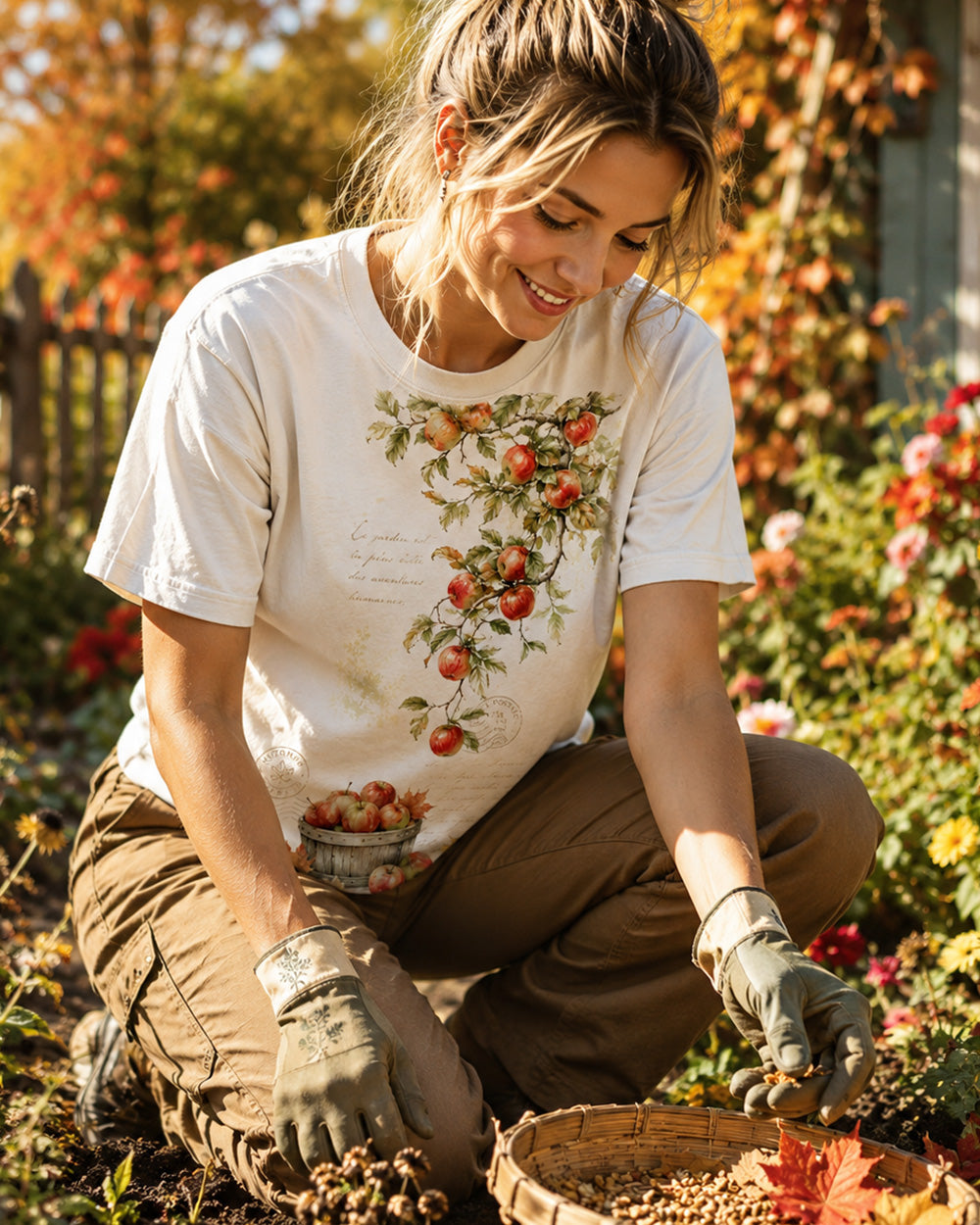 Woman wearing a off white cotton T-shirt with apple branches and a harvest basket outdoors.
