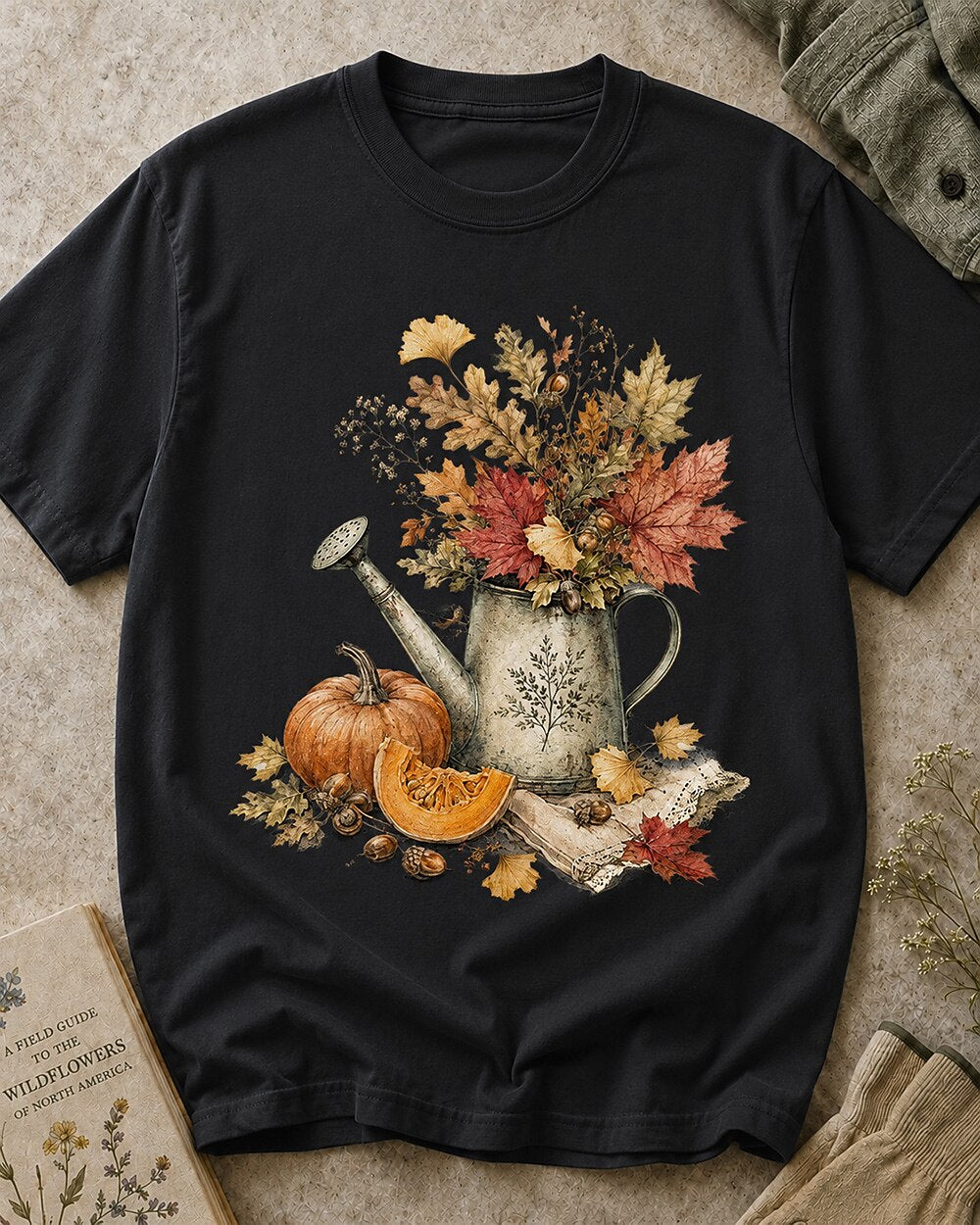 Women's black cotton T-shirt with an autumn bouquet in a watering can with pumpkins, front view.