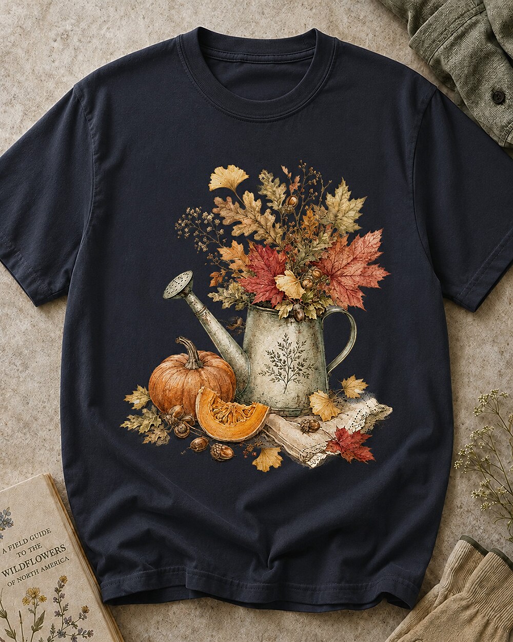 Women's dark navy cotton T-shirt with an autumn bouquet in a watering can with pumpkins, front view.
