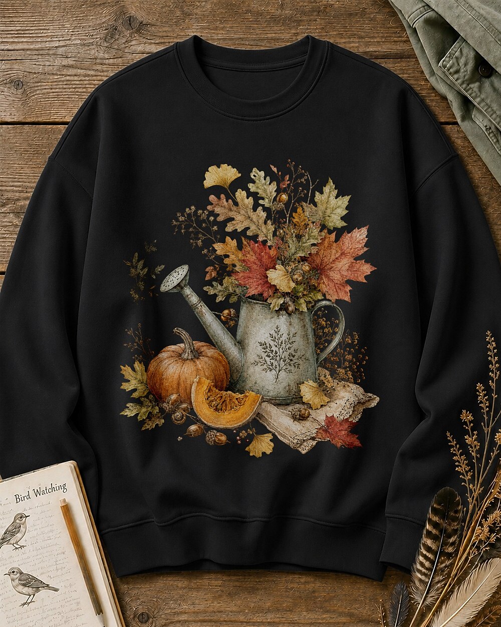 Women's black crewneck sweatshirt with an autumn bouquet in a watering can with pumpkins, front view.