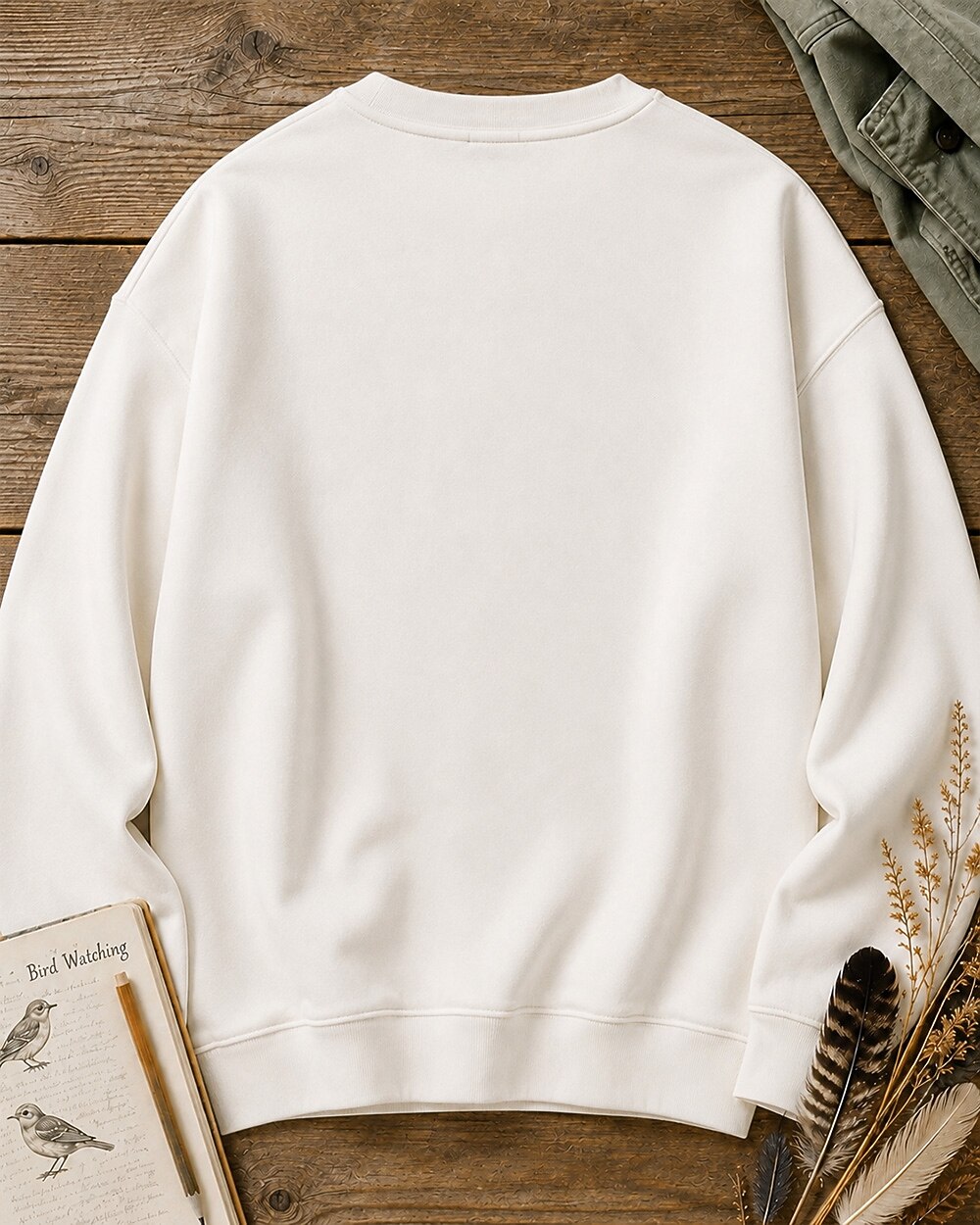 Back view of the women's white crewneck sweatshirt, showing the plain back and crew neckline.
