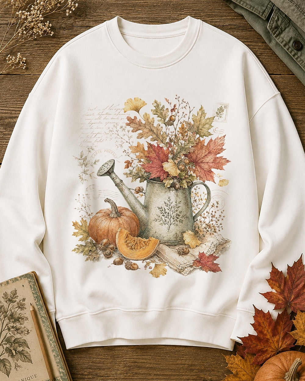 Women's white crewneck sweatshirt with an autumn bouquet in a watering can with pumpkins, front view.