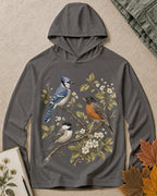 Women's dark grey sun hoodie with a blue jay and robin on flowering branches, front view.