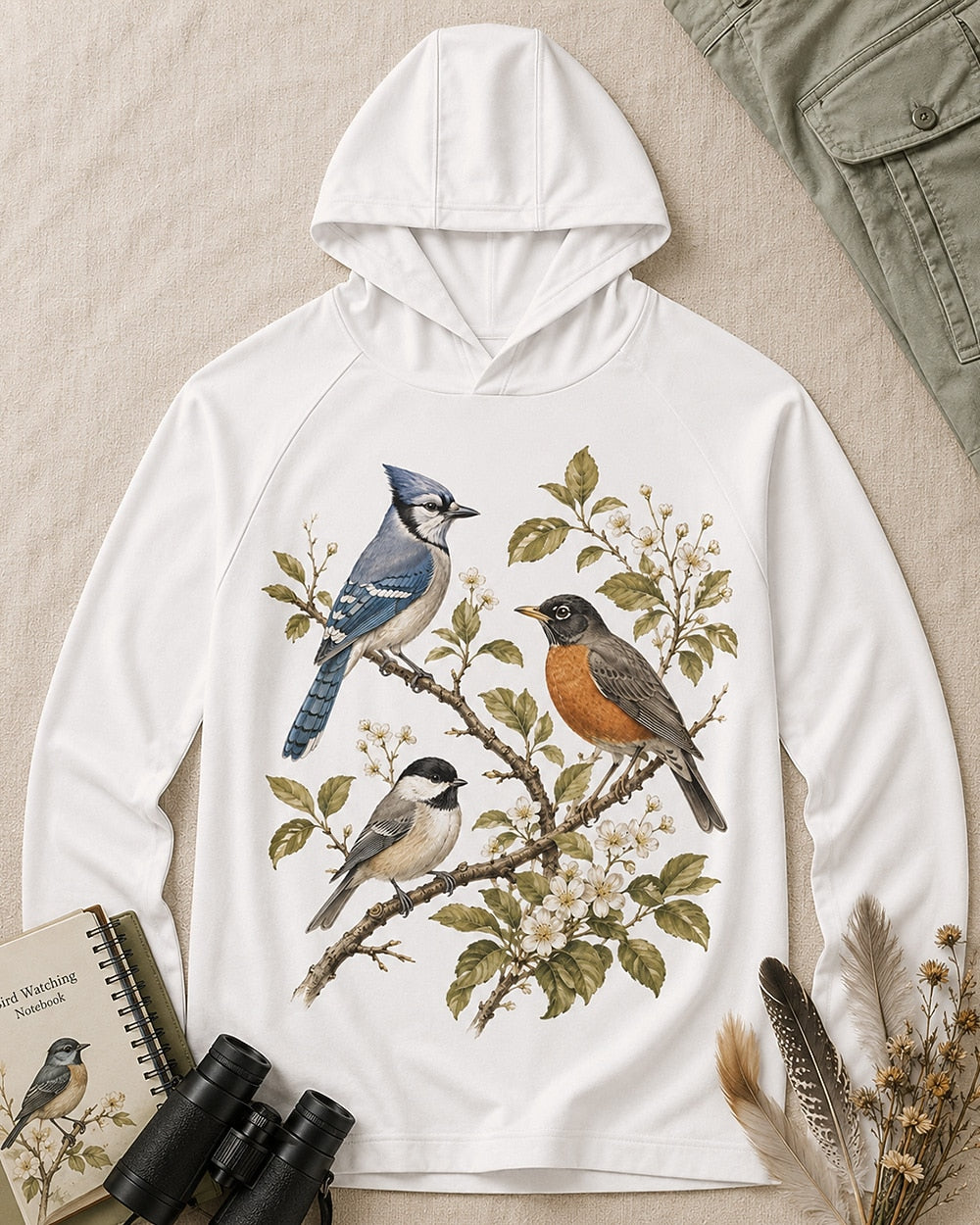 Women's white sun hoodie with a blue jay and robin on flowering branches, front view.