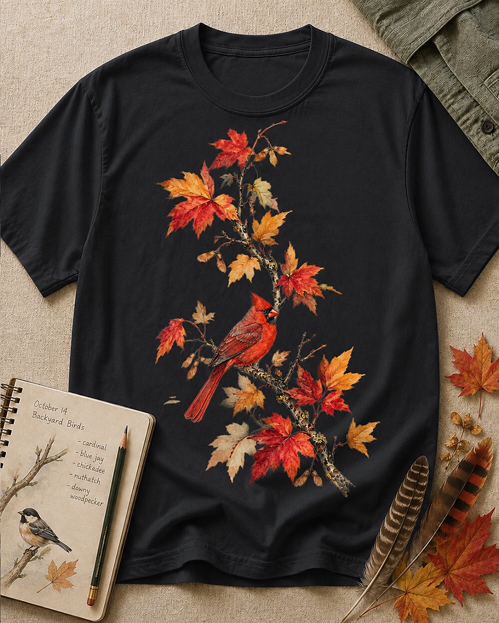 Women's black cotton T-shirt with a cardinal among orange autumn leaves, front view.