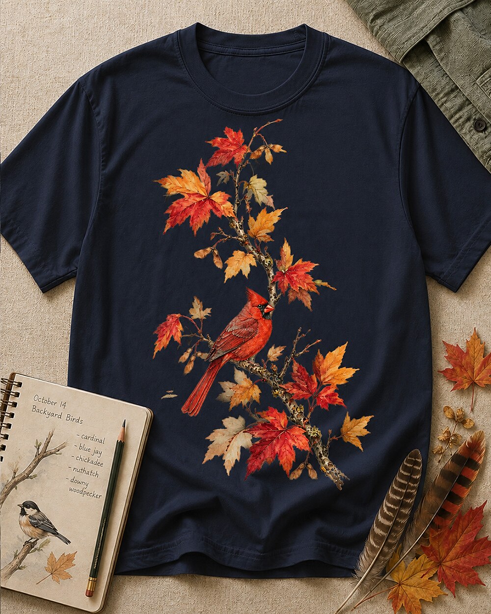 Women's dark navy cotton T-shirt with a cardinal among orange autumn leaves, front view.