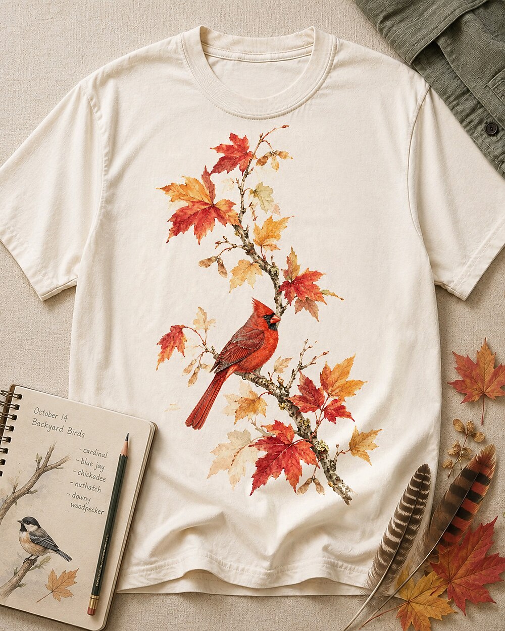 Women's off white cotton T-shirt with a cardinal among orange autumn leaves, front view.