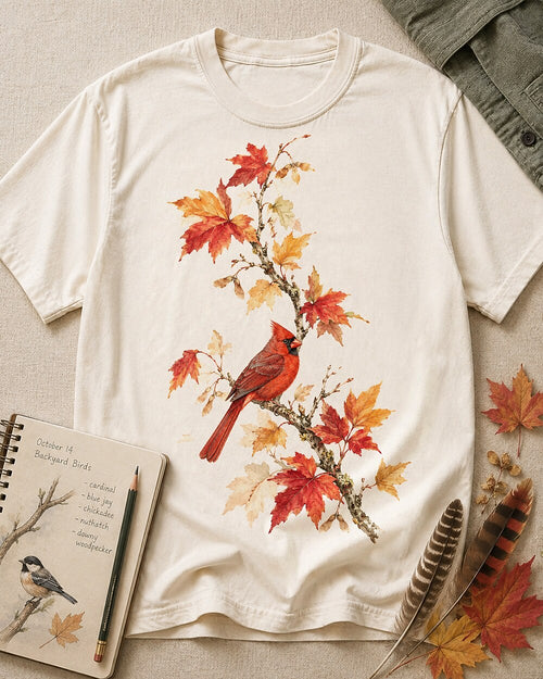 Women's off white cotton T-shirt with a cardinal among orange autumn leaves, front view.