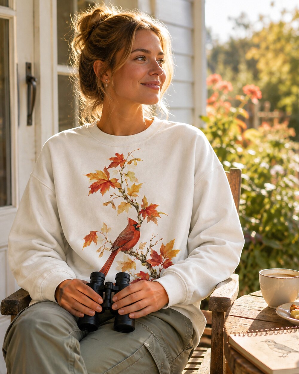 Woman wearing a white crewneck sweatshirt with a cardinal among orange autumn leaves outdoors.