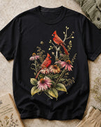 Women's black cotton T-shirt with cardinals among pink coneflowers, front view.