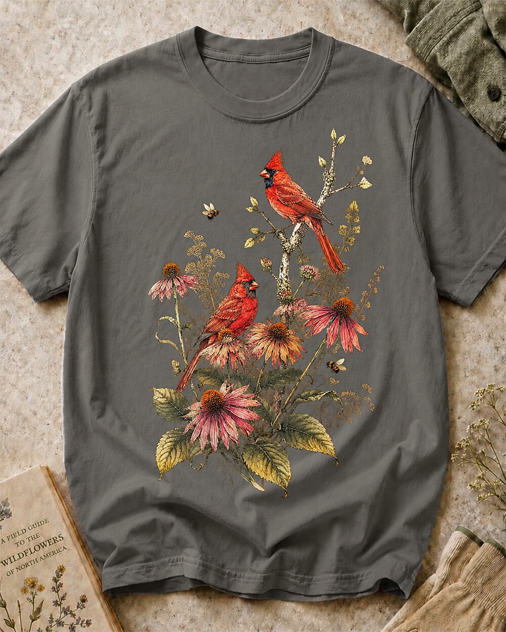Women's gray cotton T-shirt with cardinals among pink coneflowers, front view.